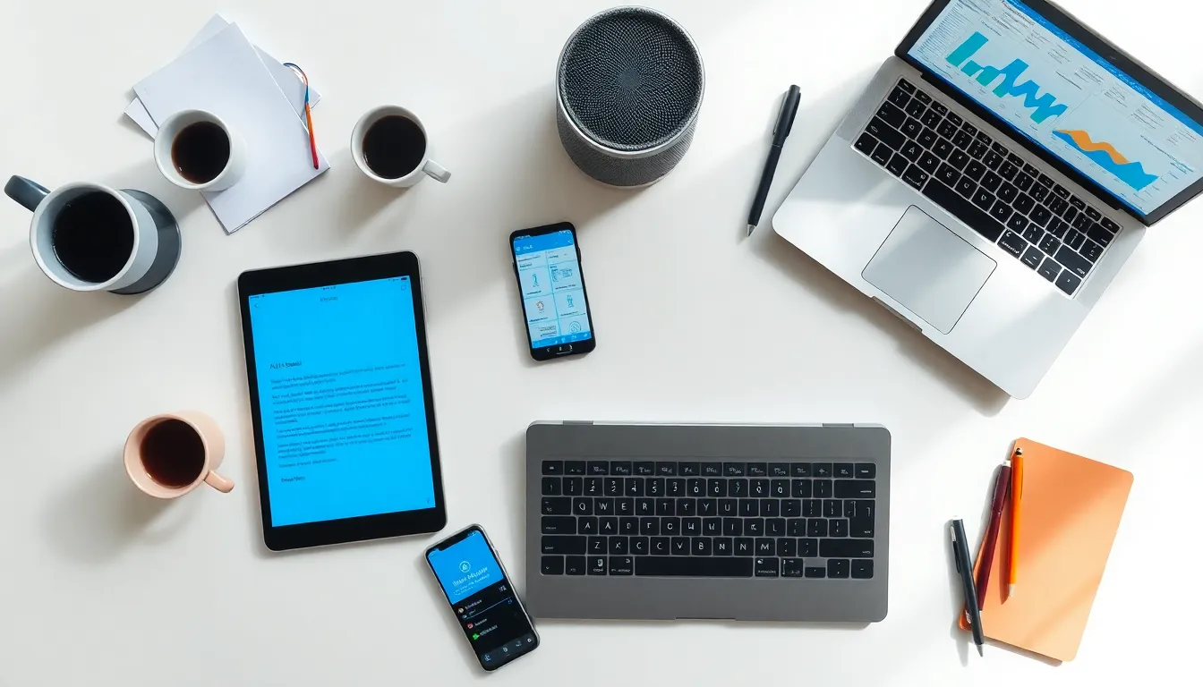 Professional workspace with laptop showing AI productivity tools and automation software