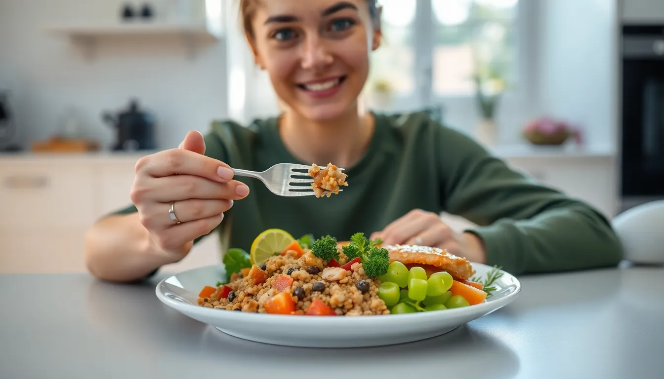 person eating mindfully at table with healthy meal and peaceful expression