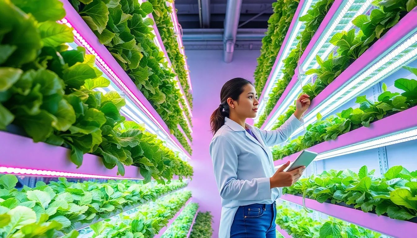 Modern vertical farming facility with stacked growing systems and LED lights producing fresh crops