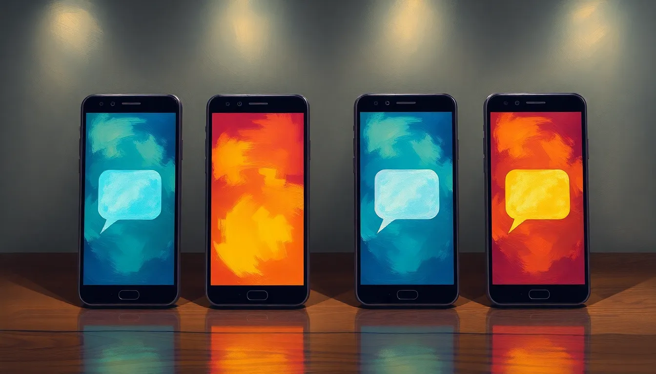 Four smartphones showing different colored chat interfaces side by side