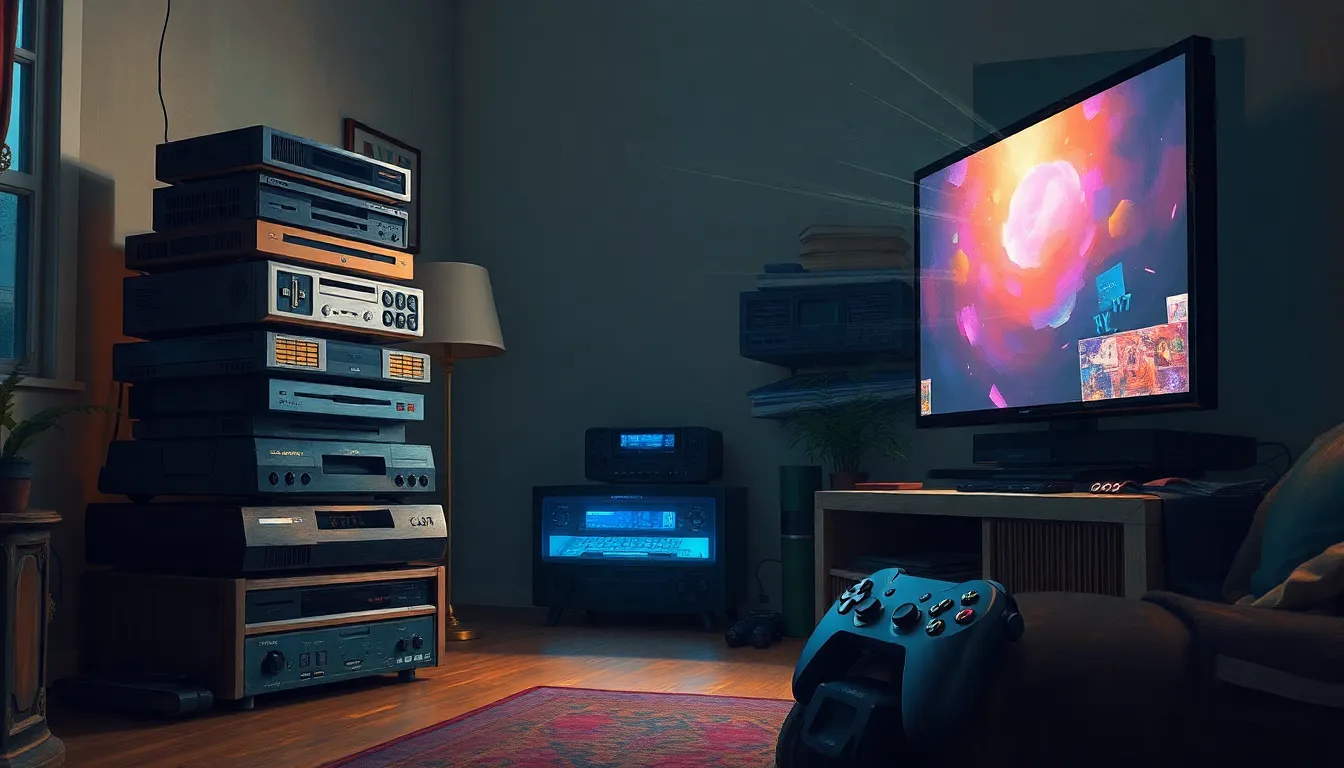 Timeline of gaming consoles from retro cartridge systems to a modern glowing console