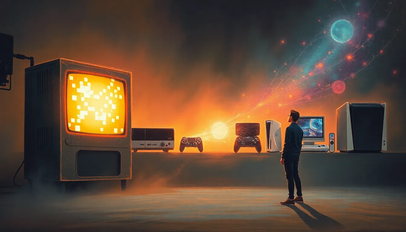 Timeline showing evolution of gaming consoles from early systems to modern devices